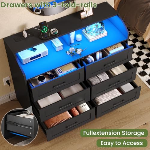 White 6 Drawers Wood Dresser with LED Lights and Charging Station C8955