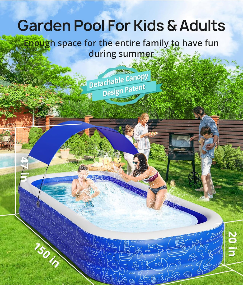 Blue Inflatable Pool with Canopy, 150” x 70” x 20” E772752