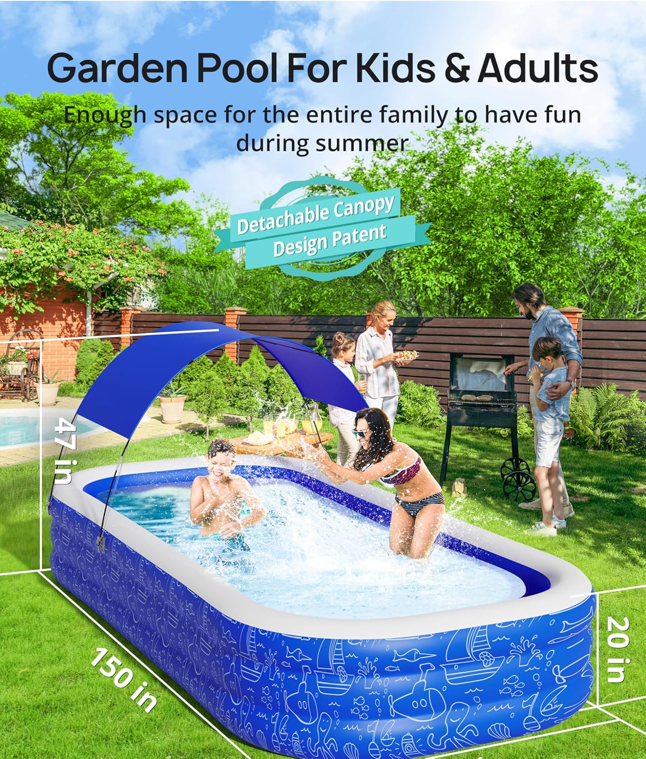 Blue Inflatable Pool with Canopy, 150” x 70” x 20” E772752