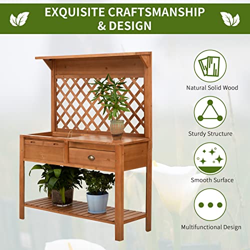 Outsunny Garden Potting Bench, Outdoor Wooden Workstation Table with Metal Screen, Drawer, Hooks, Storage Shelf, and Lattice Back E2159