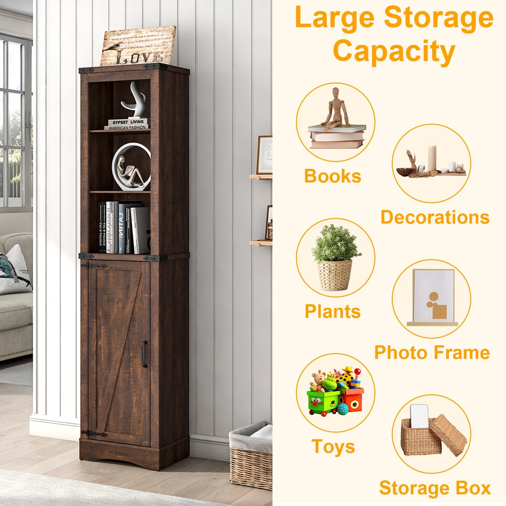 5-Shelf Tall Storage Cabinet with Barn Door and Adjustable Shelves, Brown A7885