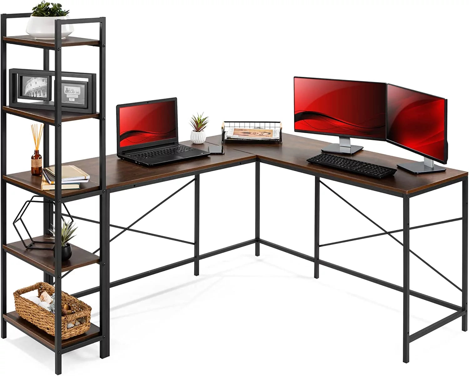 Brown Black L-Shaped Corner Computer Desk with 5-Tier Open Storage Bookshelves H20663