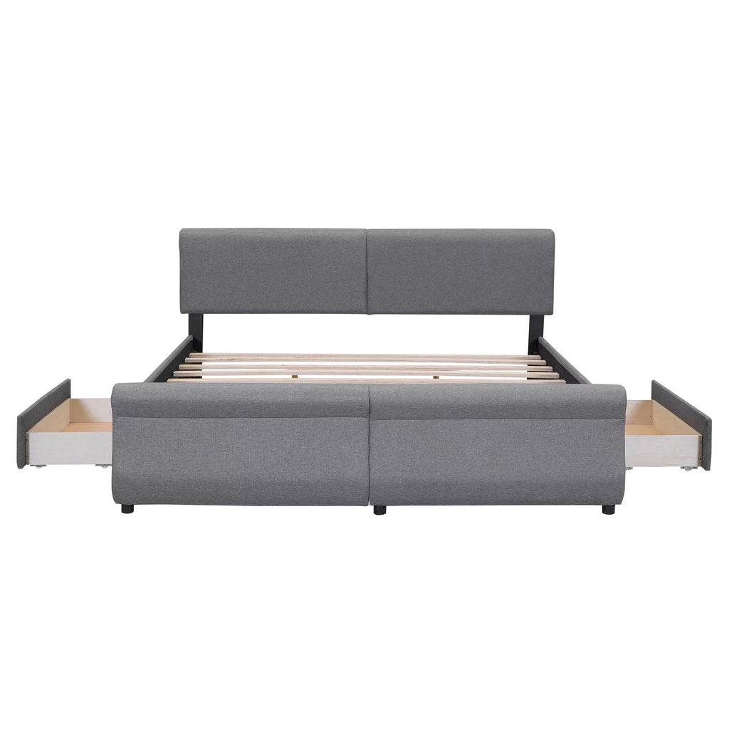 King Size Linen Upholstered Platform Bed with Headboard and 2 Drawers, Gray K495601