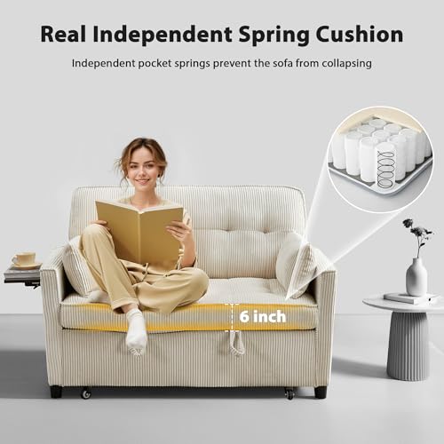 Beige Corduroy Convertible Pull Out Couch with USB Port Y973161