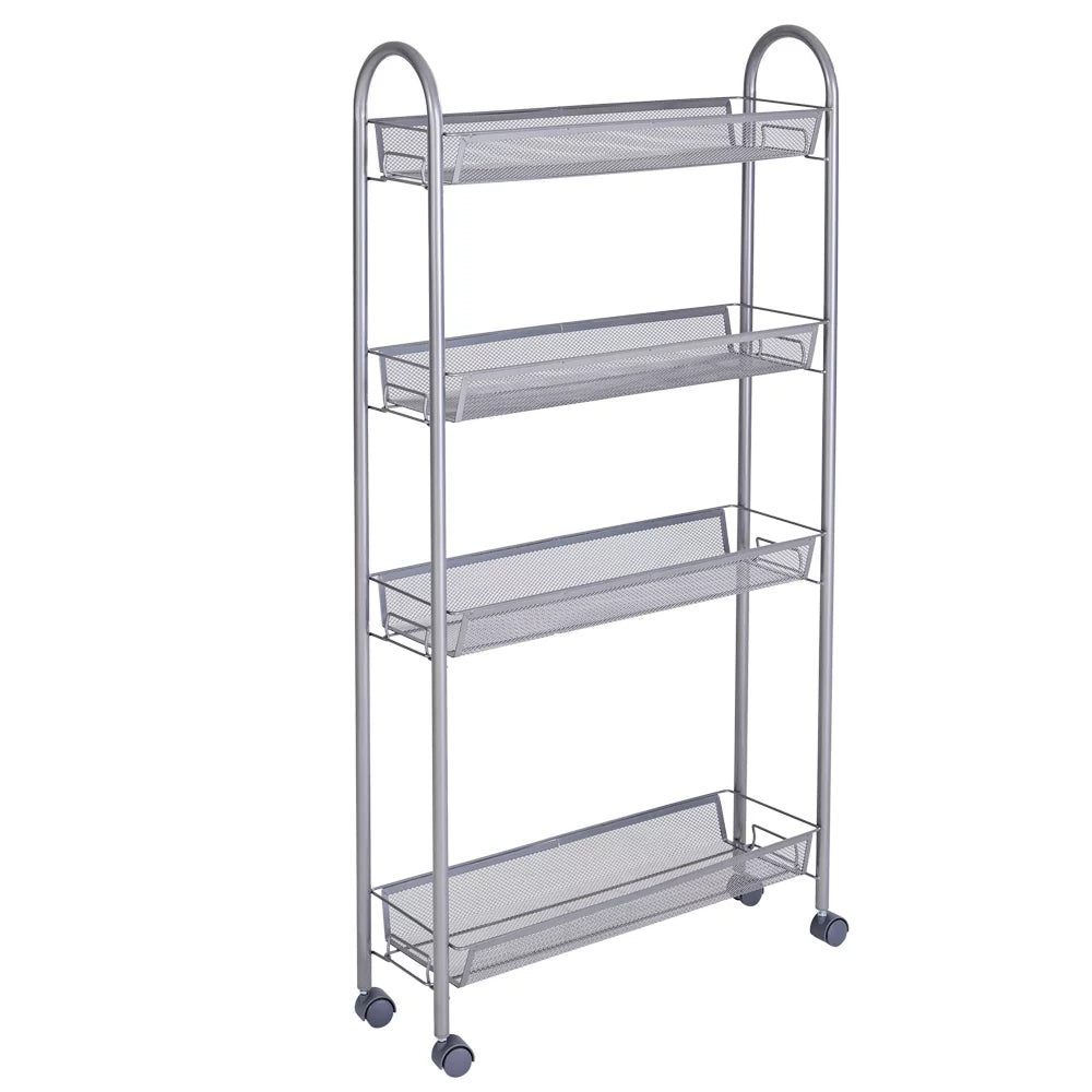 4 Tier Slim Storage Cart Mobile Shelving Unit Organizer Rolling Utility Cart Tower Rack Plastic Stainless Steel Silver N262635