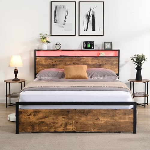Full Size Metal Platform Bed with Storage Headboard and 2 Drawers V59271