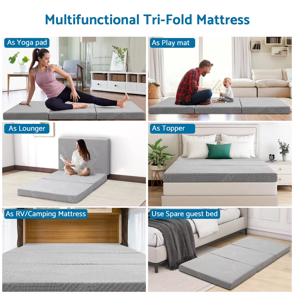 Gray Tri Fold Gel Memory Foam Mattress with Washable Cover J77316