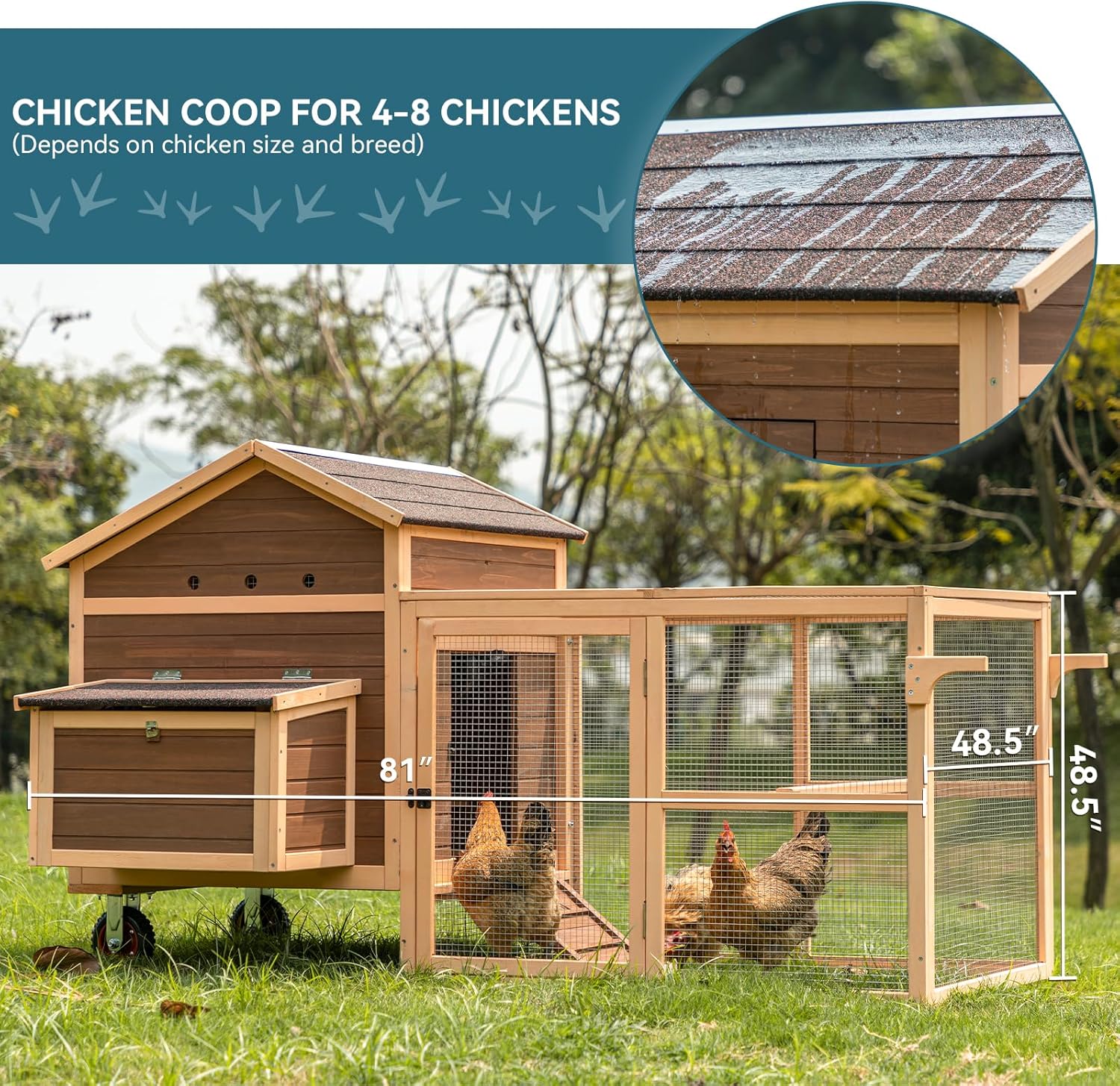 Large Chicken Coop Tractor Hen House Outdoor Waterproof Poultry Cage with Nesting Box Wheels W427
