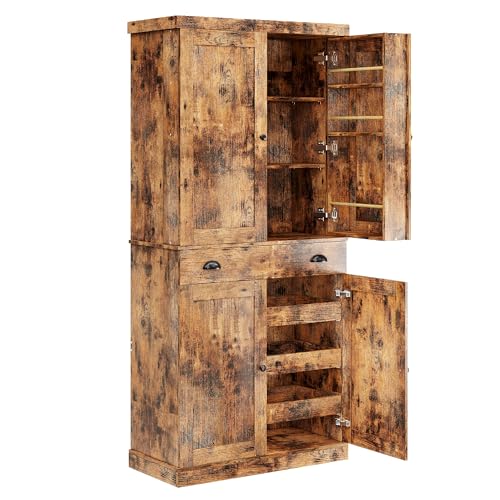 White 72" Tall Kitchen Pantry Cabinet with Sliding Storage Rack and 6 Hanging Shelves E2215