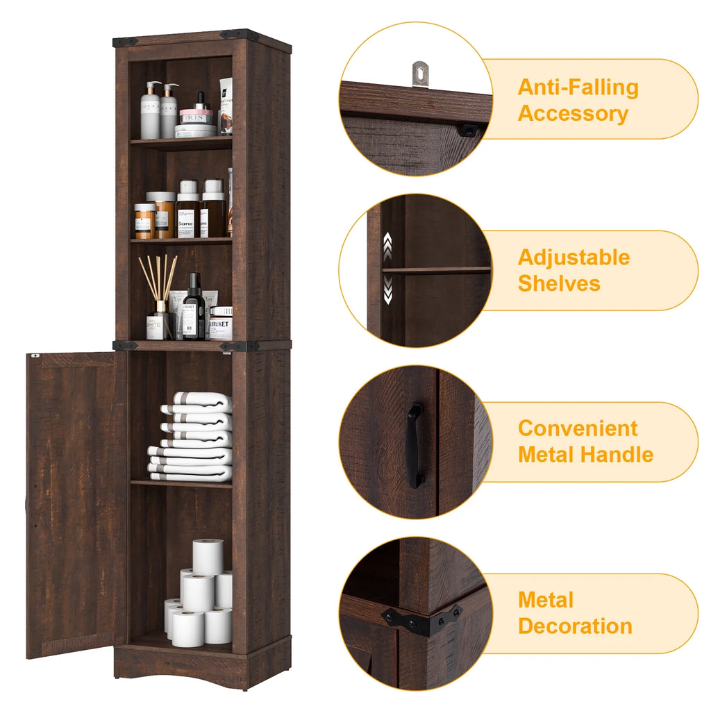 5-Shelf Tall Storage Cabinet with Barn Door and Adjustable Shelves, Brown A7885