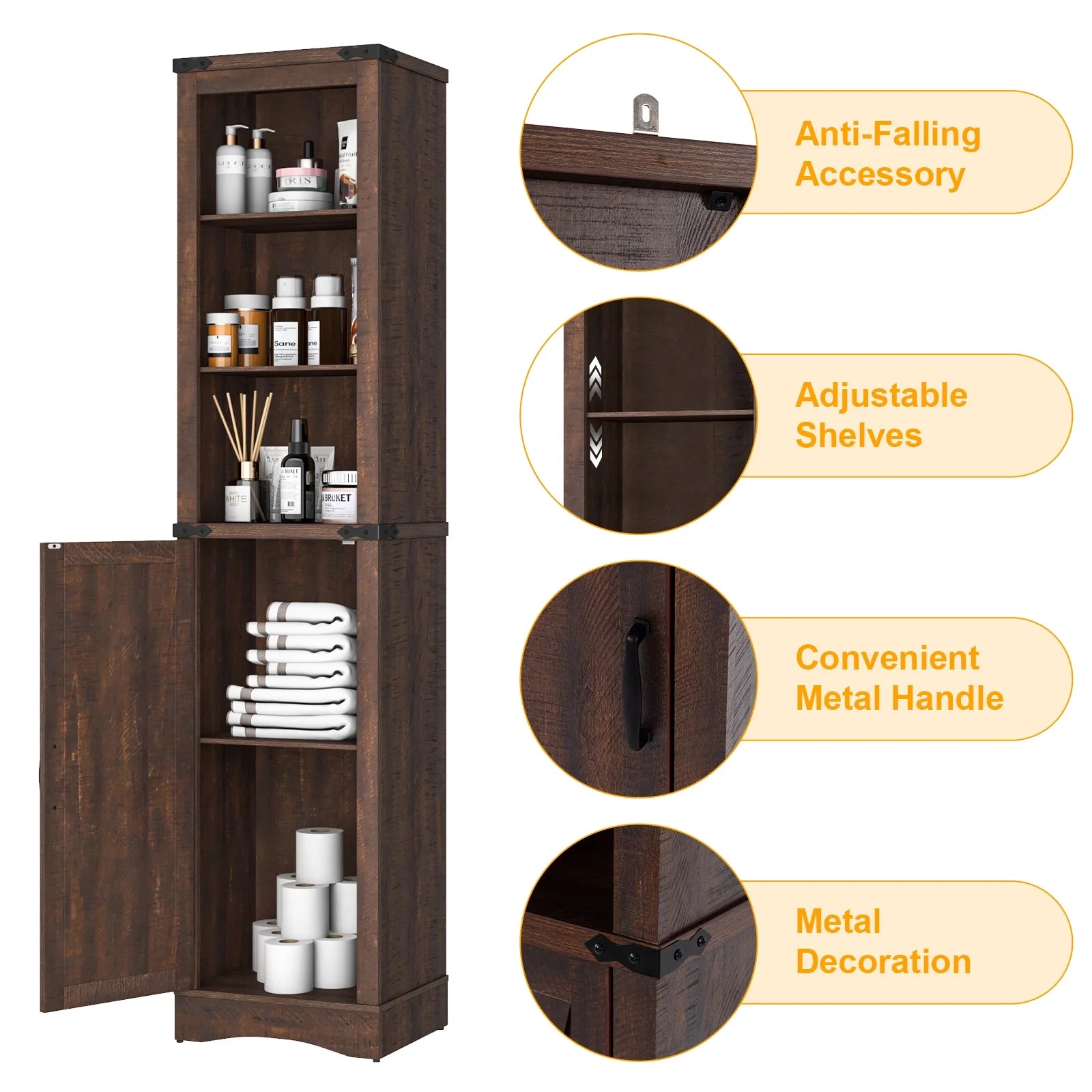 5-Shelf Tall Storage Cabinet with Barn Door and Adjustable Shelves, Brown A7885