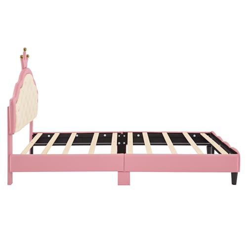Twin Size Pink Upholstered Bed Frame with Tufted Headboard V584310