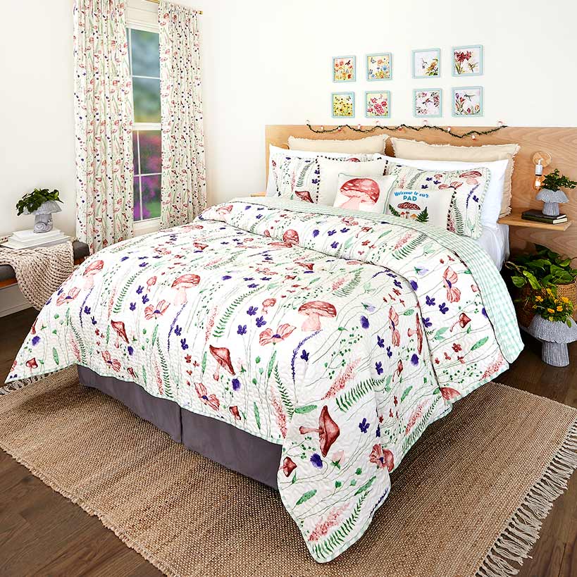 Spring Mushroom King Quilt or Decorative Pillow
