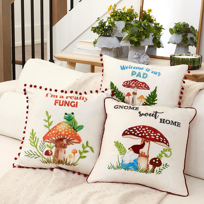 Embroidered Mushroom Garden Decorative Pillow N5796
