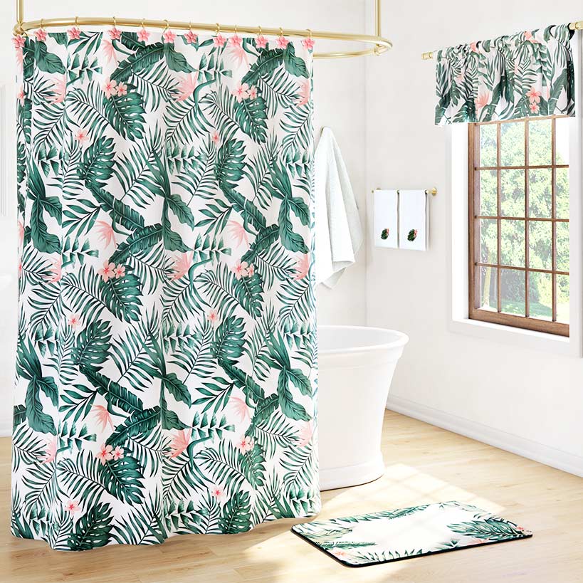 Palm Floral Shower Curtain, Bath Rug, Hand Towels, Valance, Hooks Q35424