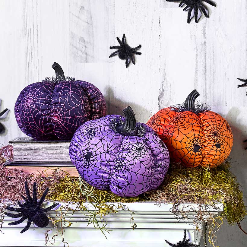 Halloween Plush Webbed Pumpkin Decor - Orange or Purple