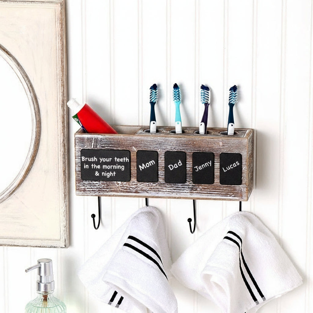 Bathroom Wooden Toothbrush Holder with Chalkboard Labels