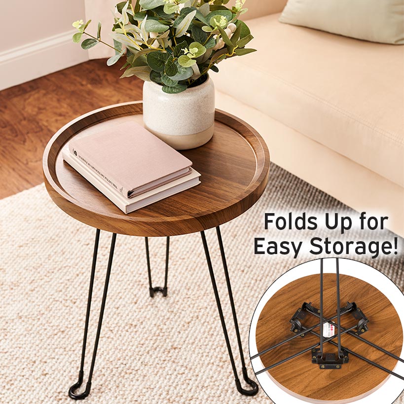 Wooden Side Table with Metal Foldable Legs N3350