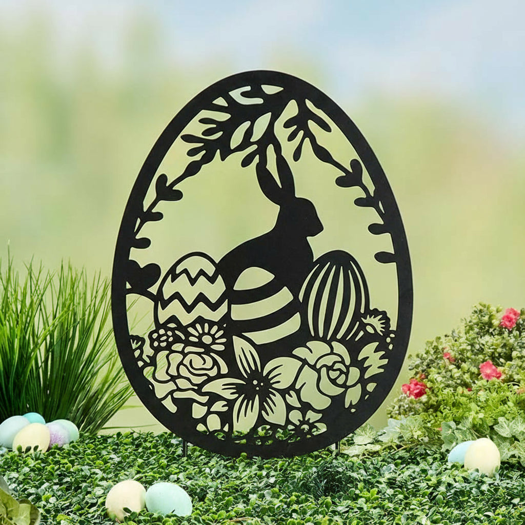 Easter Egg Silhouette Stake With Bunny And Flowers