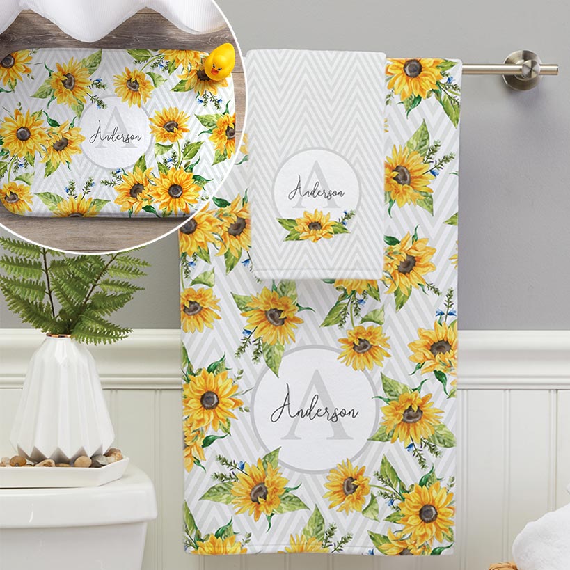 Personalized Sunflower Pattern Towel and Bath Mat