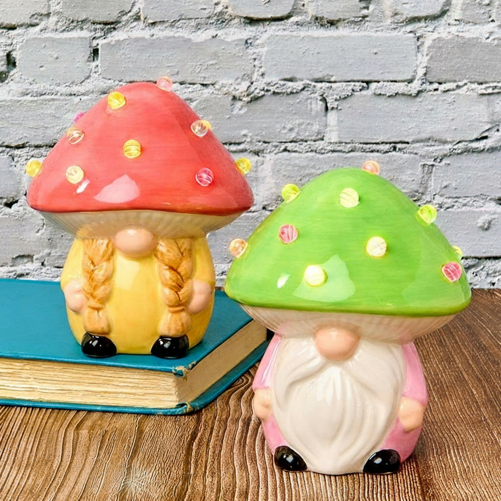 Ceramic Gnome Mushroom Accent Light with Batteries O929