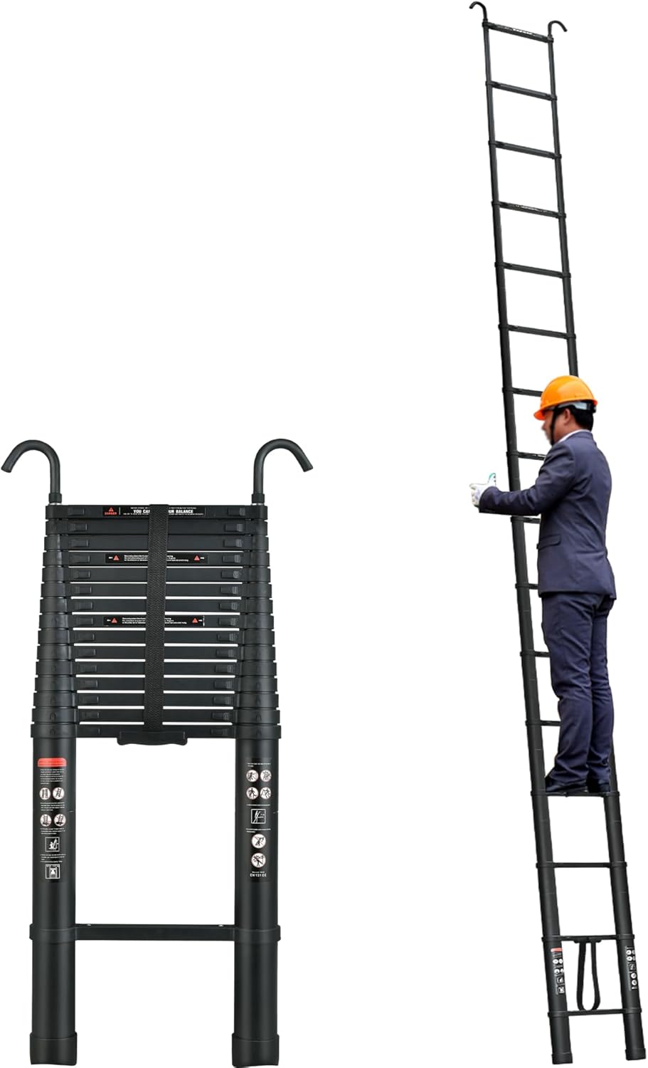 Compact 20FT Aluminum Telescoping Extension Ladder with 2 Detachable Roof Hooks Y23902