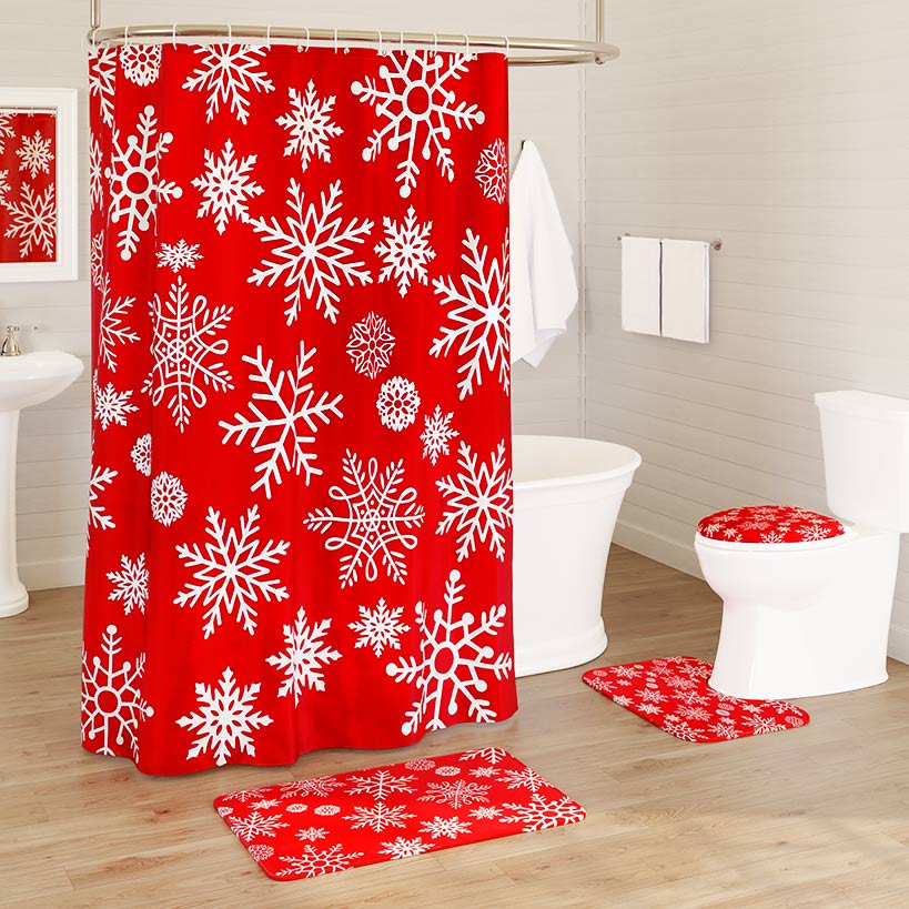 Red Snowflake Memory Foam Bath Rug & Shower Curtain Set D683855