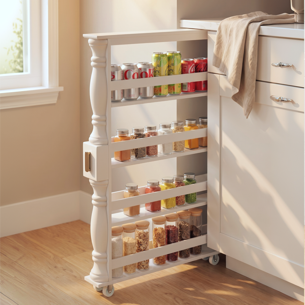 Slim Wooden Spice Rack Cabinet with Wheels - Black, Walnut or White