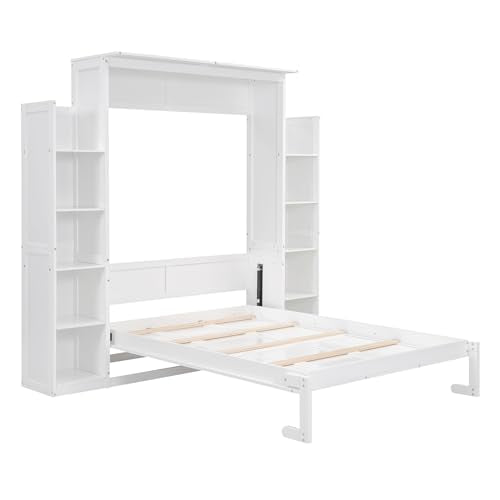 Queen Size Foldable Wood Wall Bed Frame with Shelves and LED Lights W867324