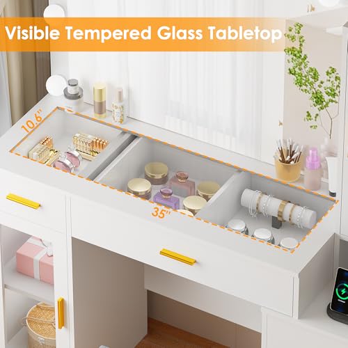 White Large Vanity Desk with Mirror and Lights, Glass Top, Stool, Power Outlet, Drawers, Cabinet T768