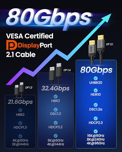 80Gbps DisplayPort 2.1 Cable 6.6FT A311609