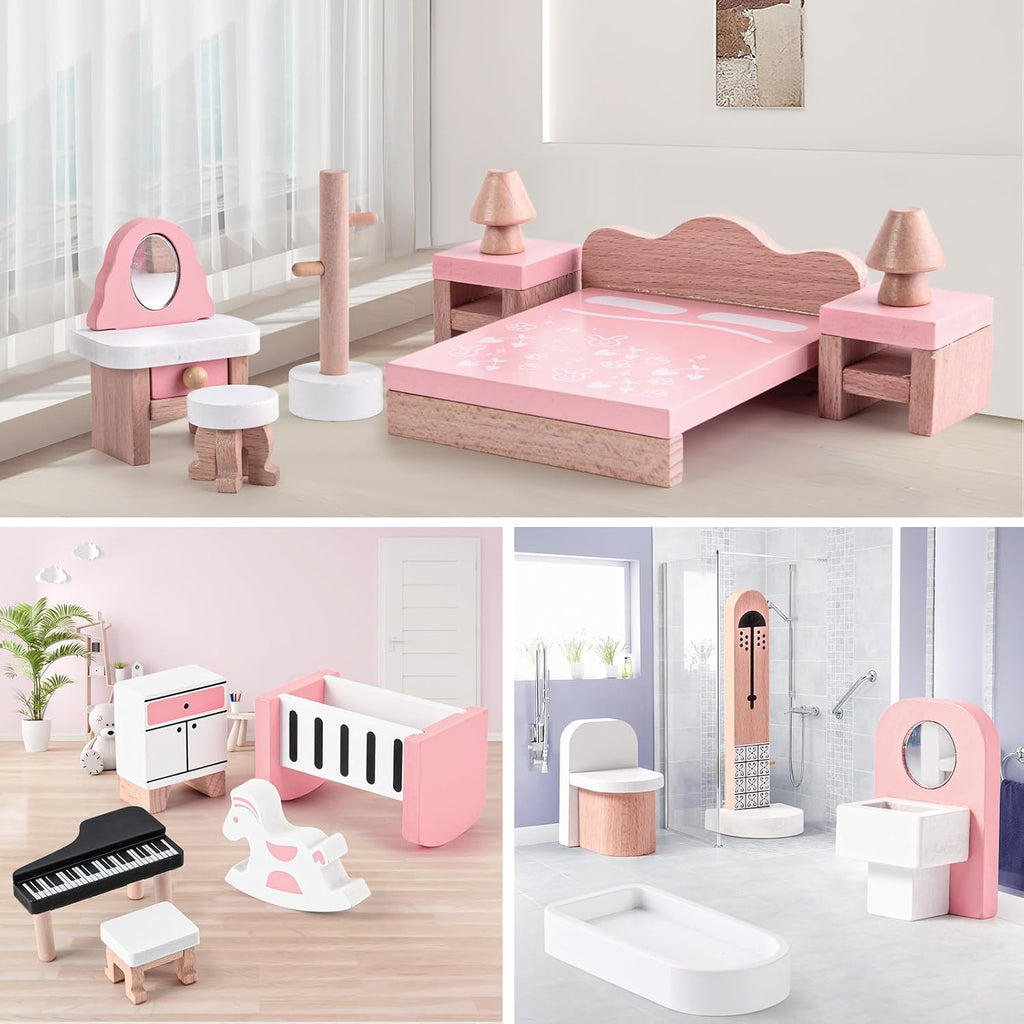 34 Pcs Wooden Dollhouse Furniture Set O55637