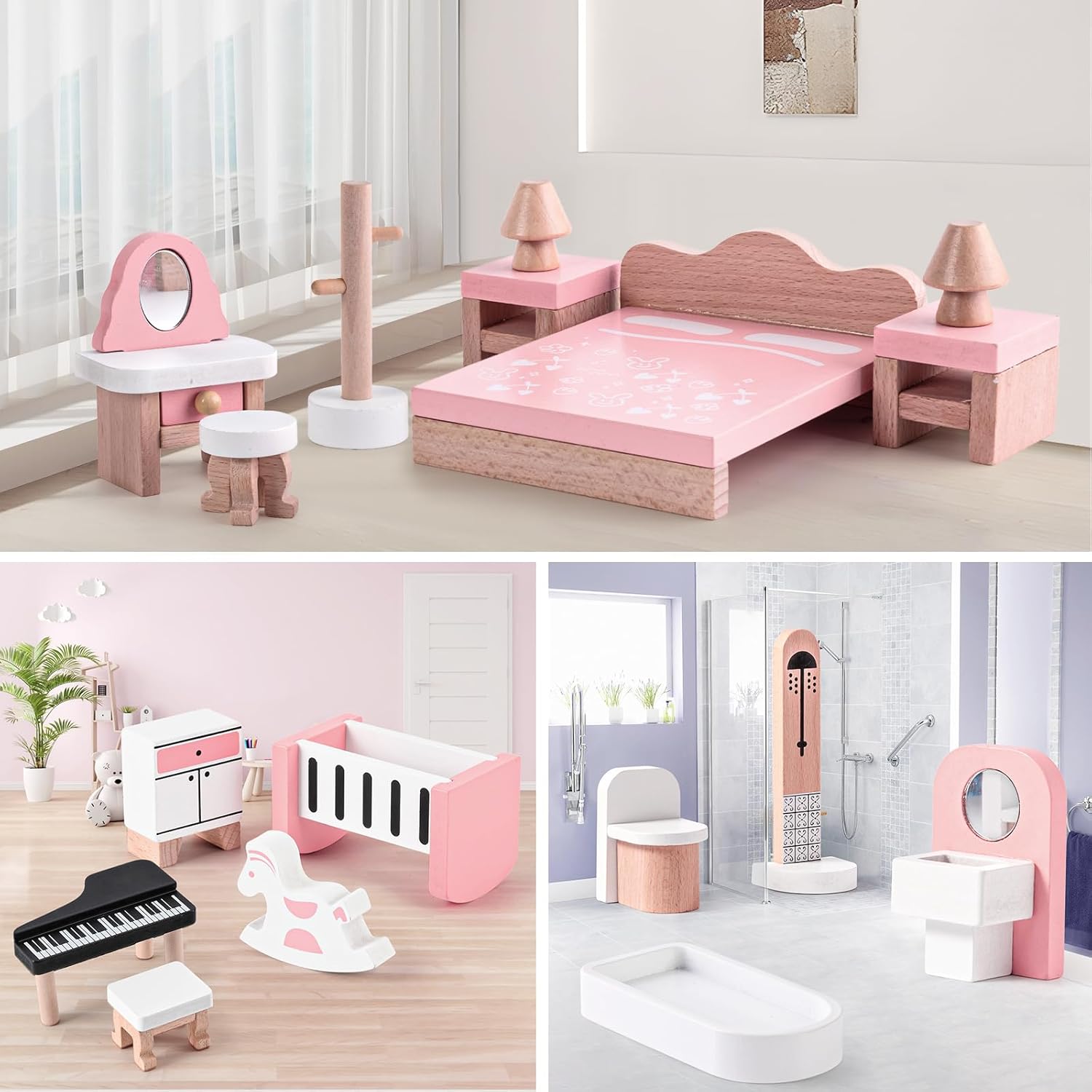 34 Pcs Wooden Dollhouse Furniture Set O55637