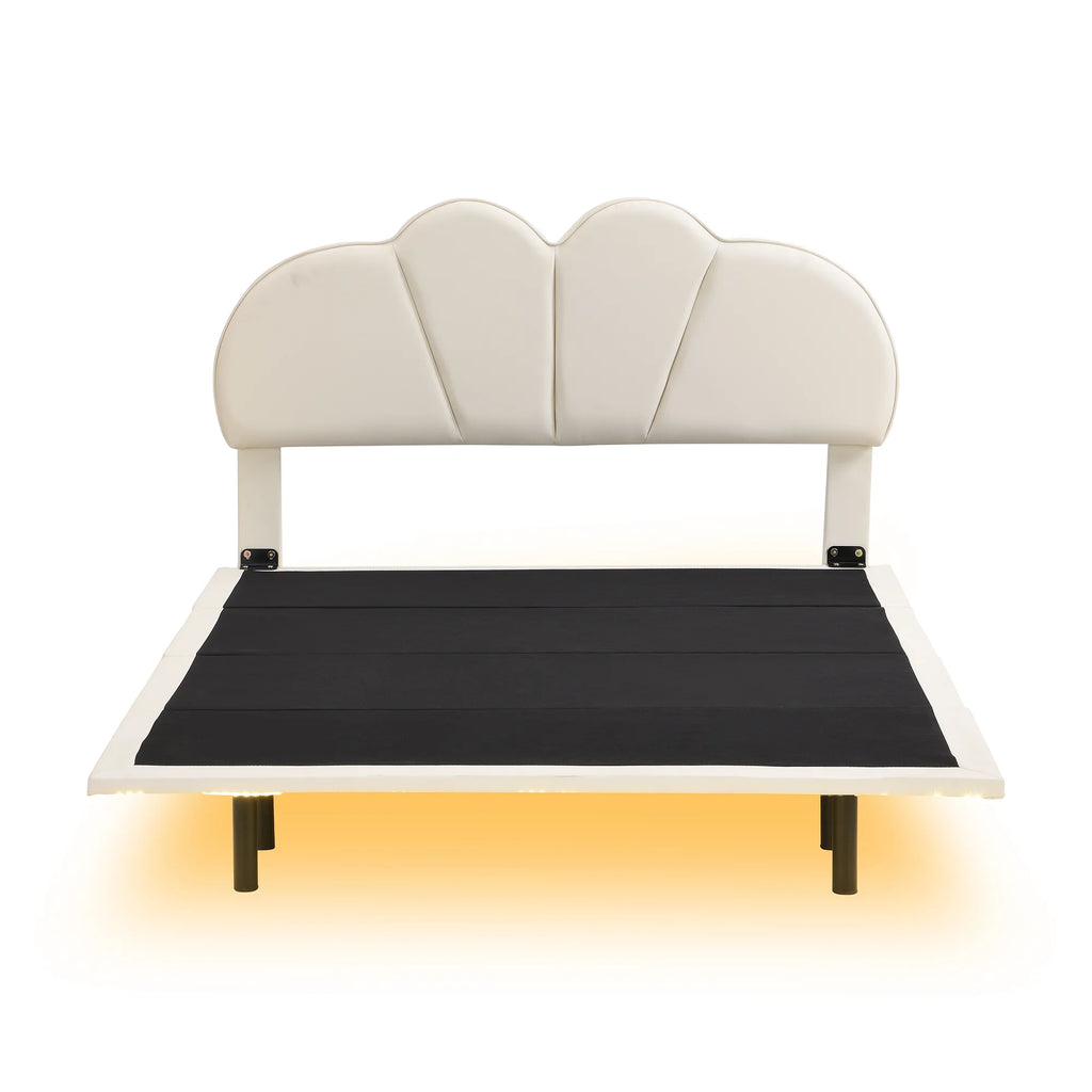 Beige Full Size Upholstered Platform Bed with LED Lights Y90169
