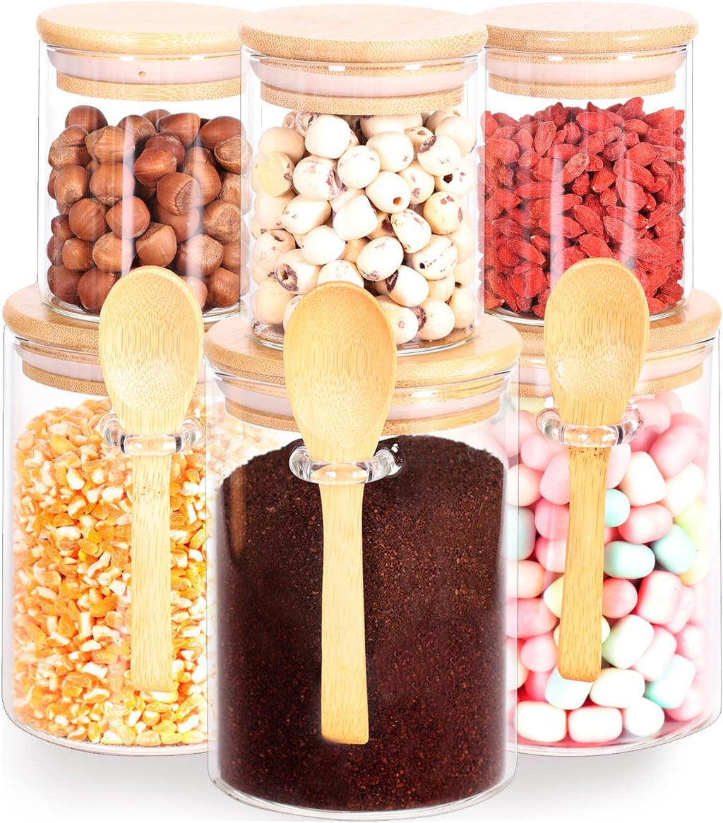 3 Pack 17 oz Glass Jars with Lids and Spoons and 3 Pack 6 oz Glass Spice Jars with Lids, Clear Glass Jars Set of 6 W9714