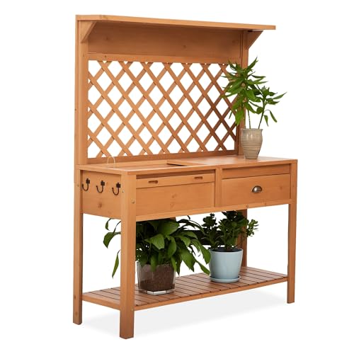 Outsunny Garden Potting Bench, Outdoor Wooden Workstation Table with Metal Screen, Drawer, Hooks, Storage Shelf, and Lattice Back E2159