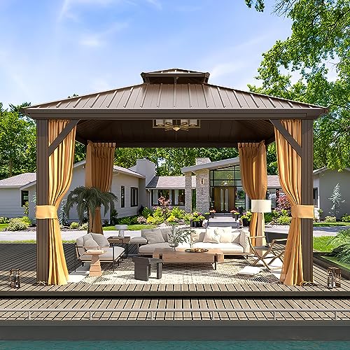 10'x13' Hardtop Gazebo with Polycarbonate Double Roof, Aluminum Frame with Curtains and Netting W47864