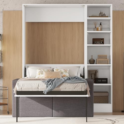 White Queen Size Wood Murphy Bed with Sofa Y8015
