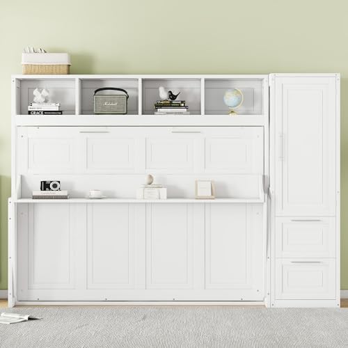 White Solid Wood Full Size Murphy Bed with Closet and Drawers O994282