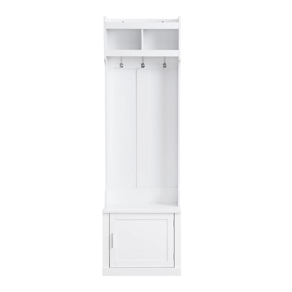 White Slim Hall Tree with Cabinet & 6 Hanging Hooks Storage Bench with Coat Rack K427