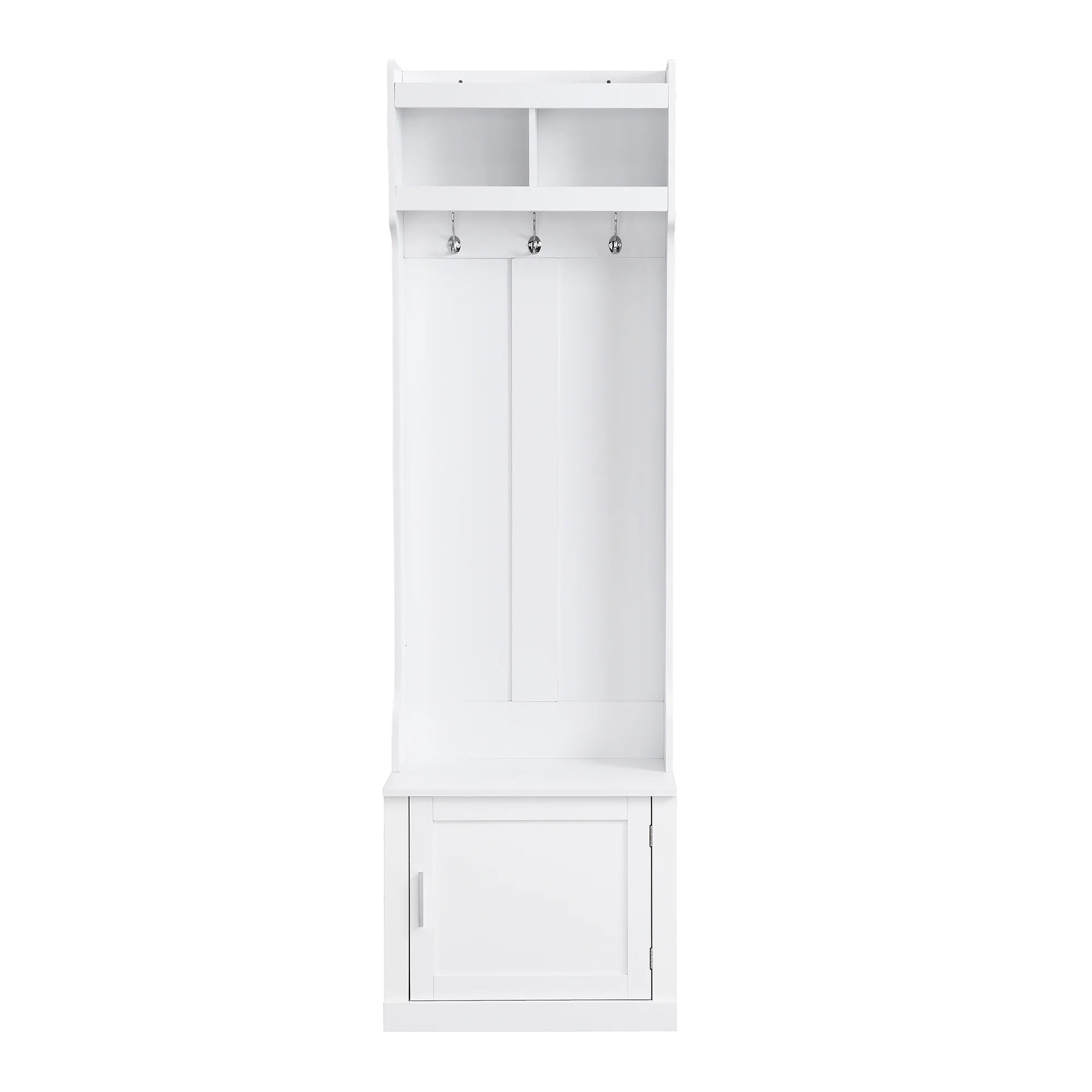 White Slim Hall Tree with Cabinet & 6 Hanging Hooks Storage Bench with Coat Rack K427