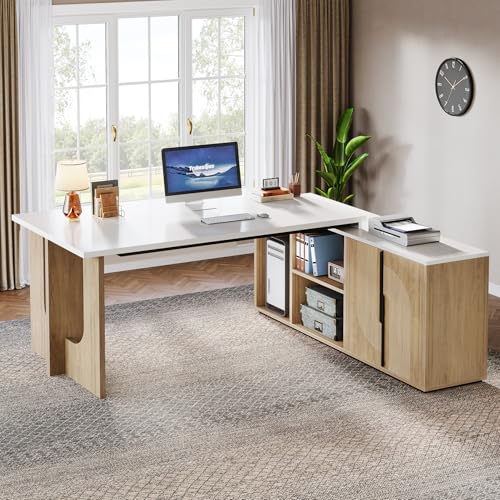 74.8" L Shaped Computer Desk with Shelves and CPU Storage, Black and Brown Y94297