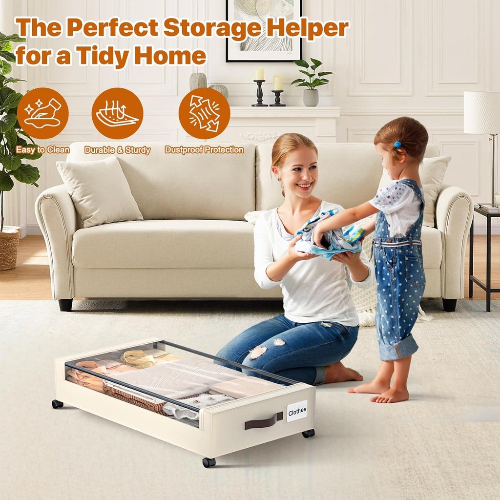 White 4 Pack 60L Under Bed Storage Bins with Wheels and Clear Lids J28832