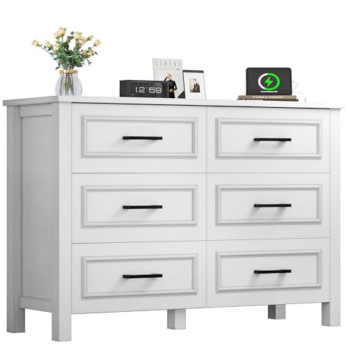 White 6-Drawer Wood Dresser with Power Outlet A752755