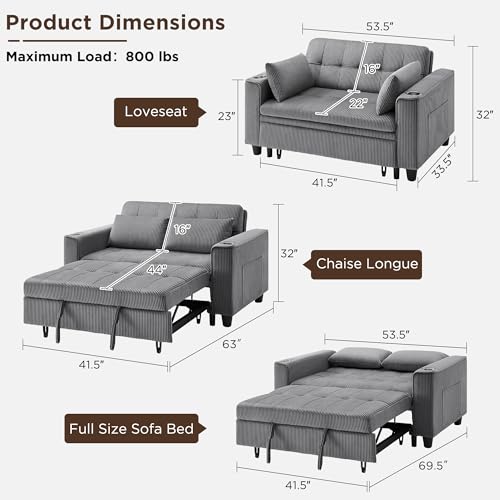 Light Grey Corduroy 3 in 1 Convertible Sleeper Sofa Bed P680