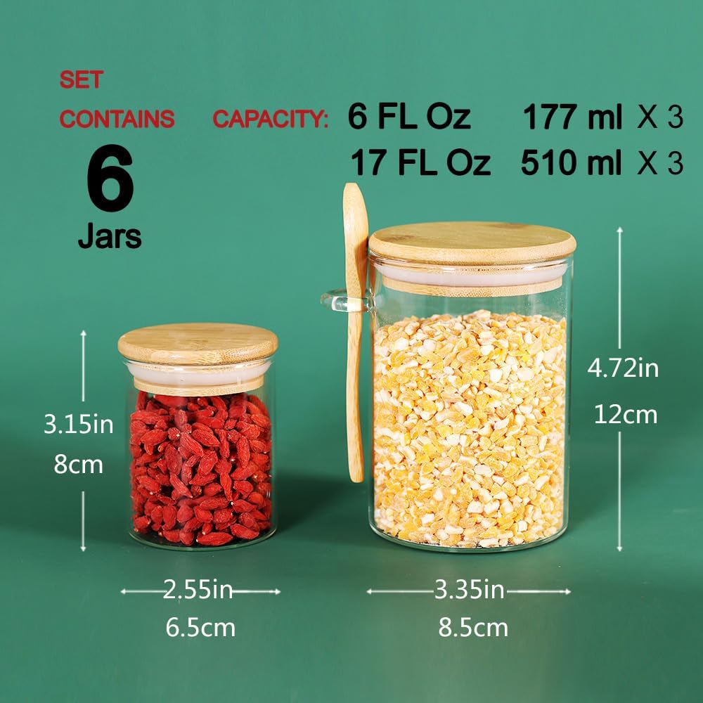 3 Pack 17 oz Glass Jars with Lids and Spoons and 3 Pack 6 oz Glass Spice Jars with Lids, Clear Glass Jars Set of 6 W9714
