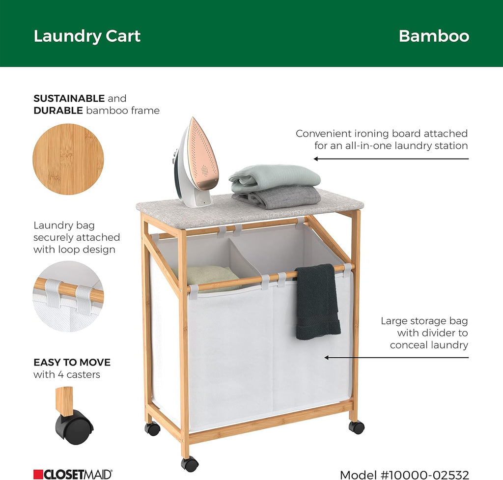 Bamboo Laundry Hamper Cart with Ironing Board Folding Station, Dual Compartments with Divider, Natural Finish B363