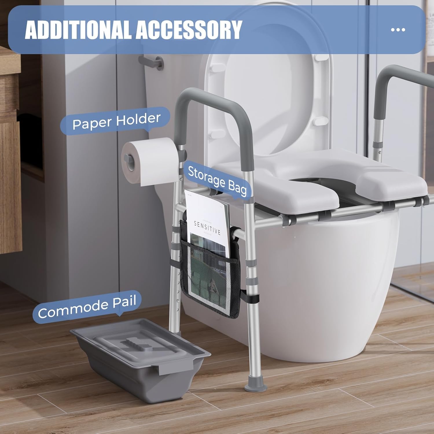 Raised Toilet Seat with Handles, Heavy Duty 400lb Adjustable Toilet Seat with Safety Frame E8759