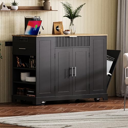 60" Kitchen Island with Drop Leaf and Power Outlet, Rolling Kitchen Cart with Trash Can Storage Cabinet A291679