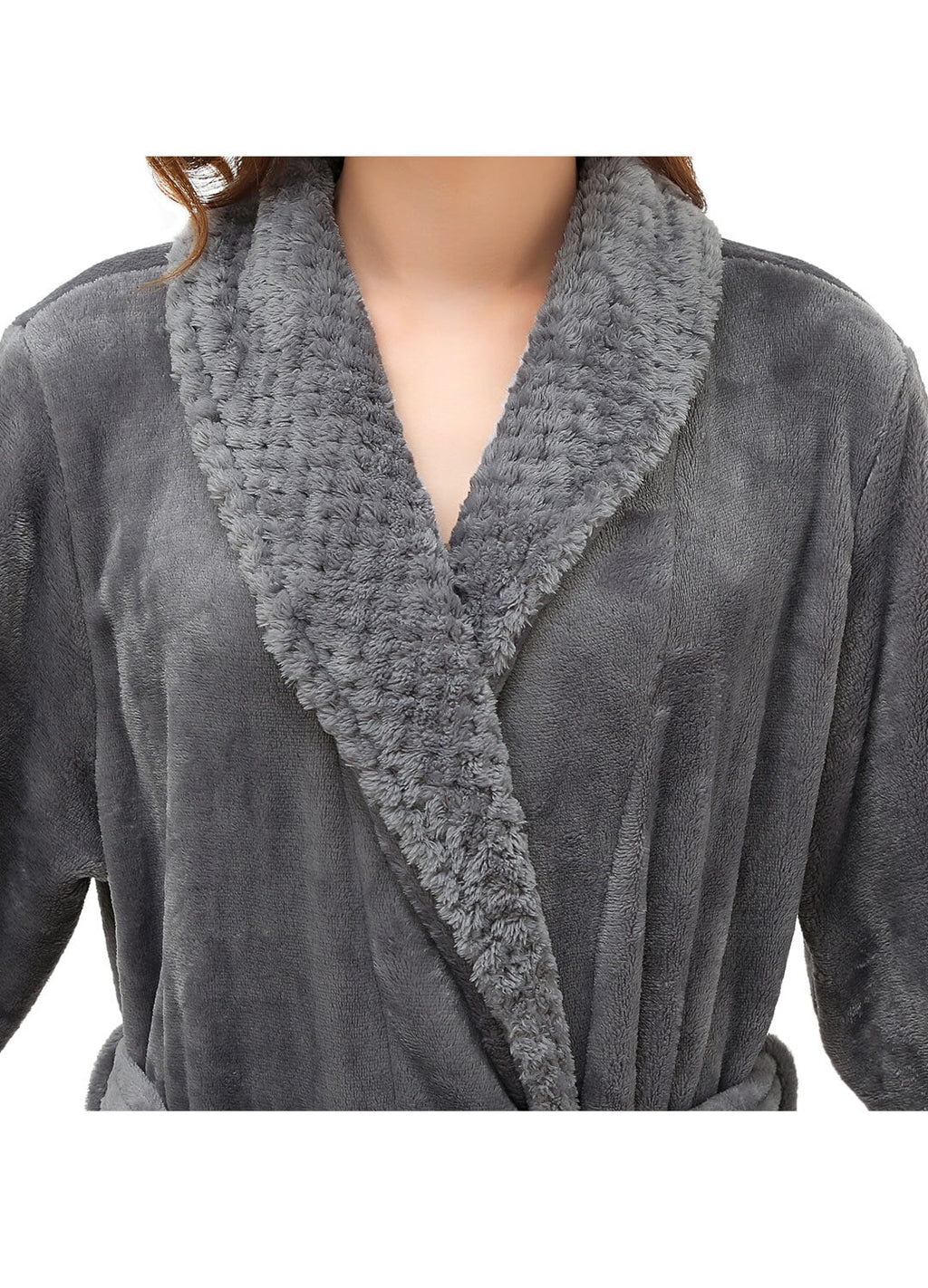 Grey Long Fluffy Fleece Bath Robe with Front Pocket and Adjustable Belt Q329
